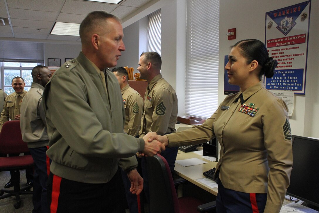 Maj. Gen. Mark A. Brilakis, commanding general of Marine Corps Recruiting Command, and Sgt. Maj. Samuel Heyward, Brilakis’ senior enlisted advisor, took time to visit Marine Corps Recruiting Station San Antonio, Feb. 25-26. During the visit Brilakis and Heyward met with the San Antonio Marines command group staff, were briefed on recruiting statistics for the year, visited Recruiting Sub Station Northeast in Live Oak, Texas, and visited the Military Entrance Processing Marine Liasions aboard Fort Sam Houston TX. (Official U.S. Marine Corps Photo by Sgt. Santiago G. Colon Jr./Released)