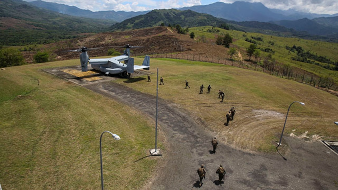 U.S. Marines run to an MV-22B Osprey for extraction Feb. 27 during a theater security cooperation event. During the event, the Marines executed a vertical assault where they engaged targets with M16 service rifles, M240B medium machine guns and Shoulder-launched Multipurpose Assault Weapons with support from 60 mm mortars. Concurrently, UH-1Y “Huey” helicopters demonstrated live fire and close air support using GAU-17/A Gatling gun, GAU-21 .50-caliber machine gun and 70 mm rocket fire. The Marines are with Battalion Landing Team 2nd Battalion, 4th Marines, and Marine Medium Tiltrotor Squadron 262, 31st Marine Expeditionary Unit, and are currently conducting the annual Spring Patrol of the Asia-Pacific region.