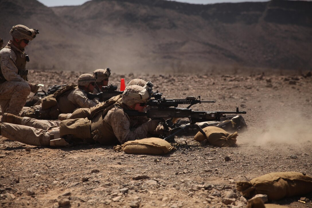 Marines with Battalion Landing Team 3rd Battalion, 6th Marine Regiment, 24th Marine Expeditionary Unit, fire their weapons during a live-fire machine gun range in Djibouti, Feb. 18, 2015. A contingent of MEU Marines was ashore in Djibouti conducting sustainment training in order to maintain proficiency while deployed. The 24th MEU is embarked on the ships of the Iwo Jima Amphibious Ready Group and deployed to maintain regional security in the U.S. 5th Fleet area of operations.
