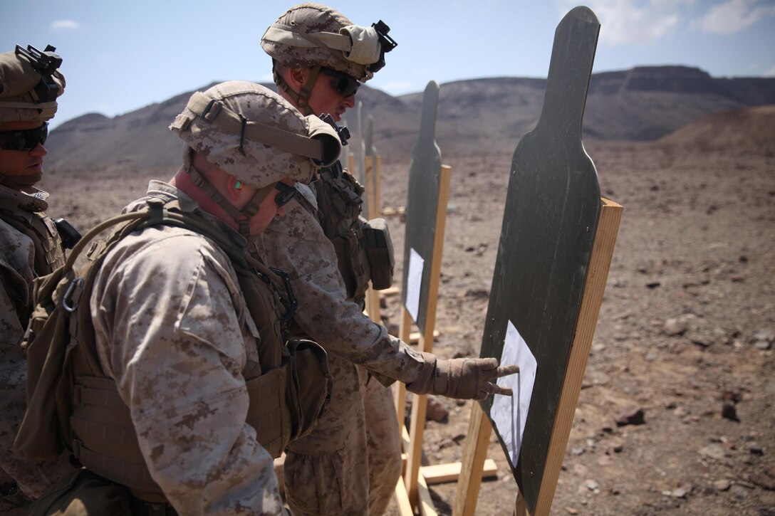 Marines with Battalion Landing Team 3rd Battalion, 6th Marine Regiment, 24th Marine Expeditionary Unit, review their targets during a live-fire machine gun range in Djibouti, Feb. 18, 2015. A contingent of MEU Marines was ashore in Djibouti conducting sustainment training in order to maintain proficiency while deployed. The 24th MEU is embarked on the ships of the Iwo Jima Amphibious Ready Group and deployed to maintain regional security in the U.S. 5th Fleet area of operations.