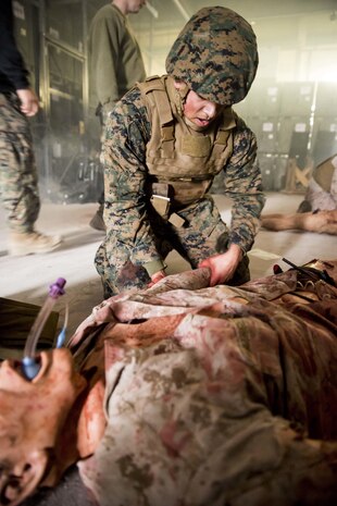Petty Officer 3rd Class Andrew Franco, a field medical service technician with 2nd Medical Battalion, 2nd Marine Logistics Group, assesses a simulated casualty during the culminating event for a week-long Tactical Combat Casualty Care course aboard Marine Corps Base Camp Lejeune, N.C., Feb. 26, 2015. The course had students with different levels of rank and experience focusing on the importance of not only treating a casualties injuries, but also on how to conduct pain management, call in a 9-line casualty evacuation request, and safely extract the casualty from the danger zone while maintaining situational awareness in combat. (U.S. Marine Corps photo by Cpl. Krista James/Released)