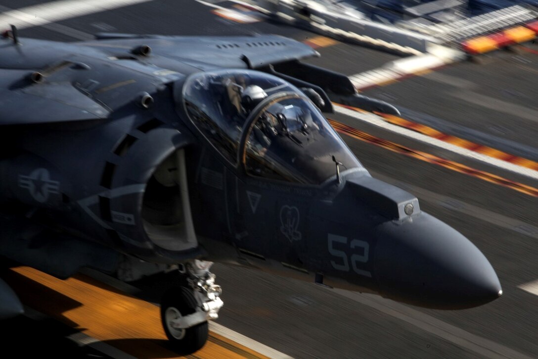 An AV-8B Harrier with Marine Medium Tiltrotor Squadron 161 (Reinforced), 15th Marine Expeditionary Unit, launches off the flight deck of the USS Essex (LHD 2) during Amphibious Squadron/Marine Expeditionary Unit Integration Training (PMINT) off the coast of San Diego Feb. 28, 2015. The 15th MEU’s air combat element is training with the Sailors of the Essex Amphibious Ready Group to improve their ability handle flight operations while embarked. (U.S. Marine Corps photo by Cpl. Elize McKelvey/Released)