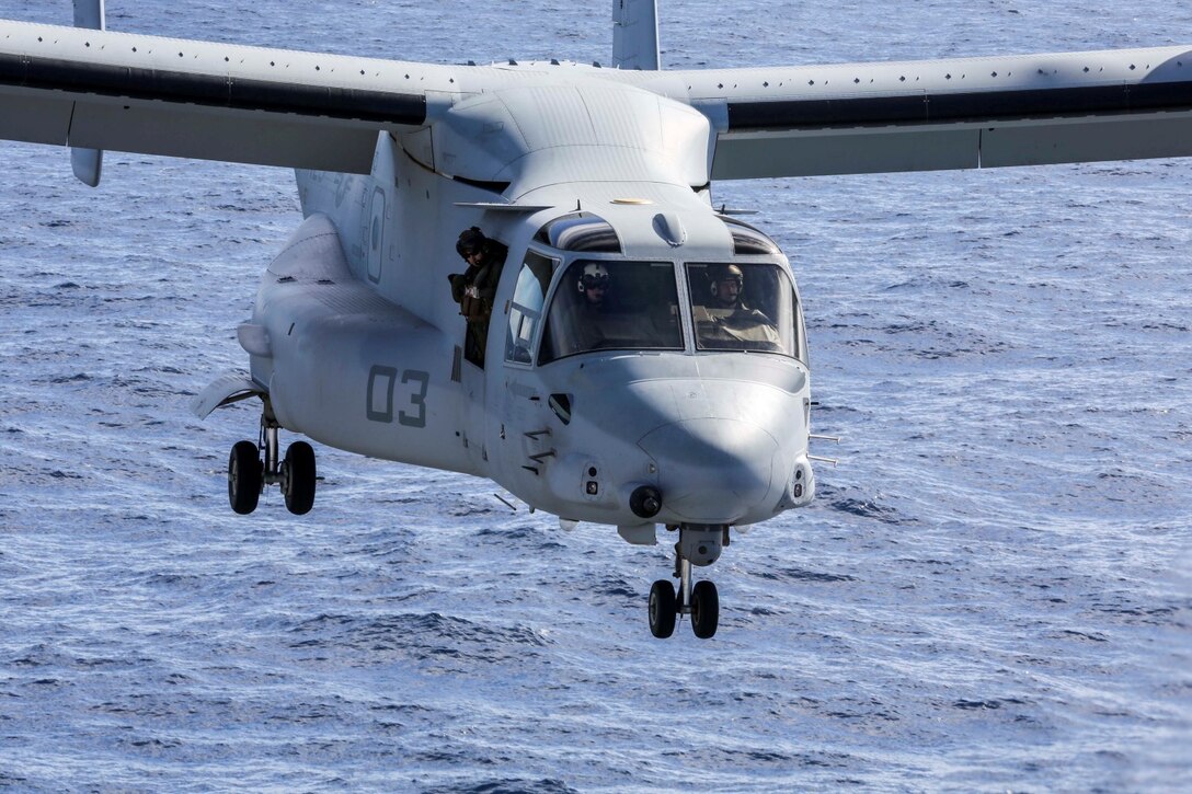 An MV-22B Osprey with Marine Medium Tiltrotor Squadron 161 (Reinforced), 15th Marine Expeditionary Unit, prepares to land a V-22 Osprey aboard the USS Essex (LHD 2) during Amphibious Squadron/Marine Expeditionary Unit Integration Training (PMINT) off the coast of San Diego Feb. 28, 2015. This training allowed the pilots of the 15th MEU’s air combat element an opportunity to practice landing and takeoff procedures while at sea. (U.S. Marine Corps photo by Cpl. Anna Albrecht/ Released)
