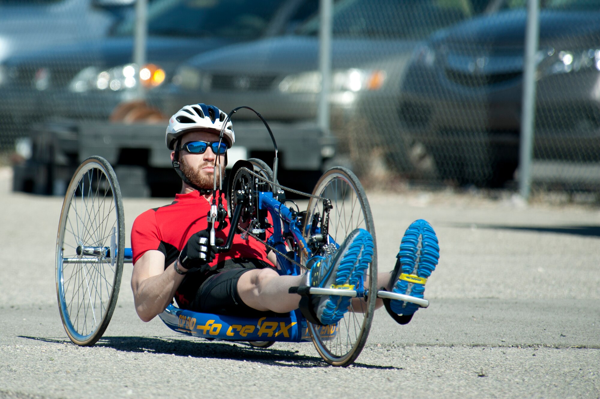 Jeremiah Means, 2015 U.S. Air Force Trials cycling team member, rides his bike during a cycling fitting session at Nellis Air Force Base, Nev., Feb. 26, 2015. This year marks the second time the trials were hosted by Nellis AFB. (U.S. Air Force photo by Senior Airman Timothy Young)