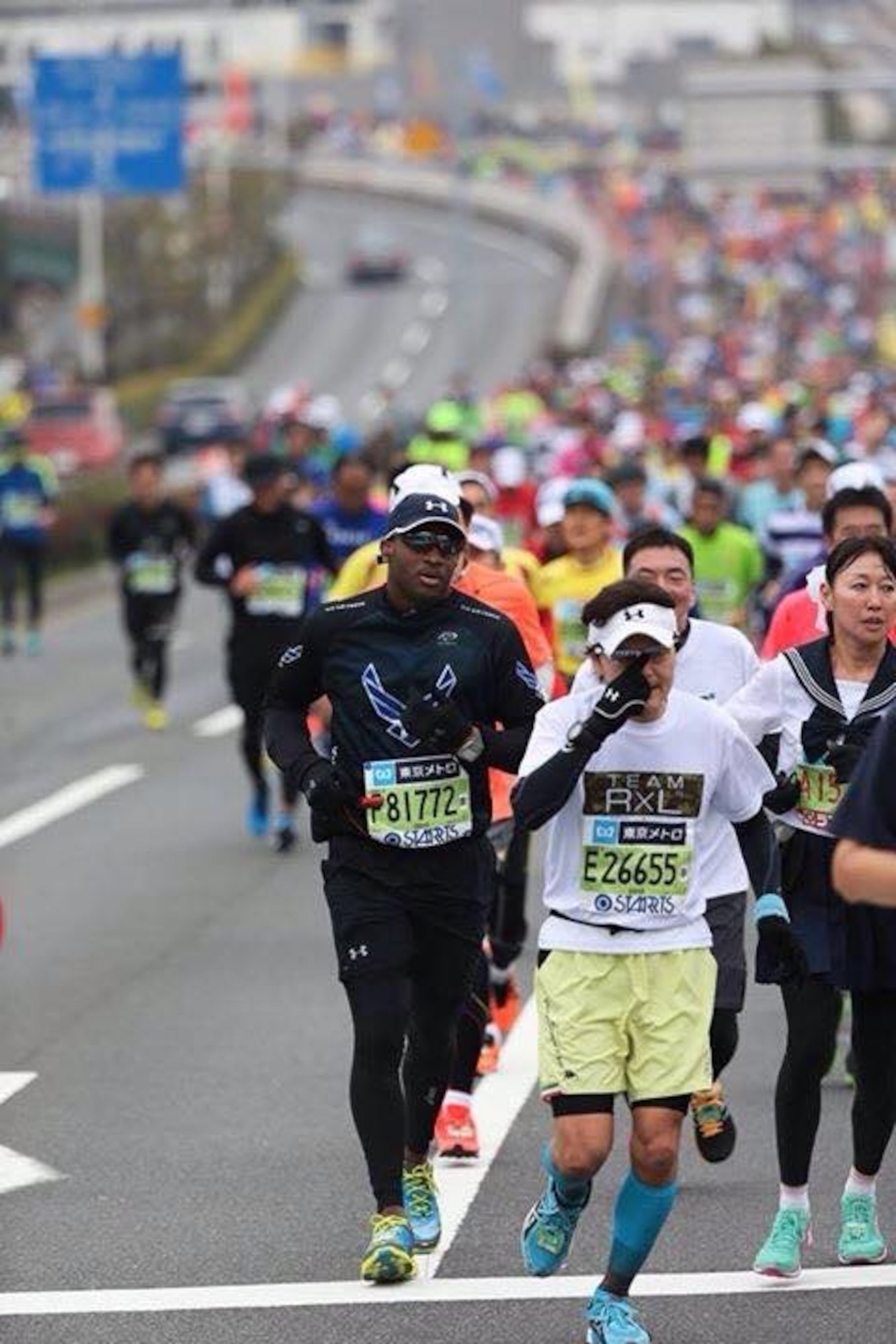 U.S. Air Force Tech. Sgt. Gerard Tilley, 35th Maintenance Group education and training manager, nears the 23-mile marker during the Tokyo Marathon, in Tokyo, Japan, Feb. 22, 2015.  Tokyo Marathon participants are selected by lottery, and only 10 percent of applicants are selected for the event. Tilley finished the race in 4:00.31. (U.S. Air Force photo by Tech. Sgt. April Quintanilla)