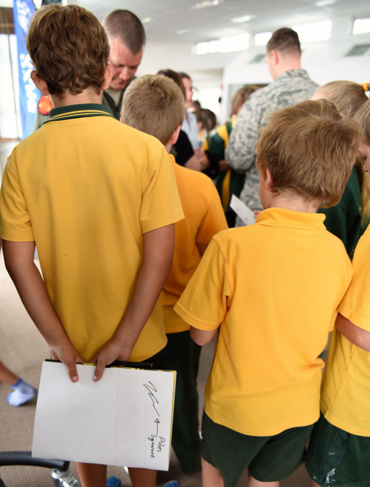 Crew members from a U.S. Air Force B-52 Stratofortress bomber interact with students at Lara Primary School, Feb. 25, 2015, Melbourne, Australia. The crew is in town for the 2015 Australian International Airshow and Aerospace & Defense Exposition at Avalon Airport, Australia, showcasing the capabilities of U.S. air assets. (Courtesy of the U.S. Consulate)