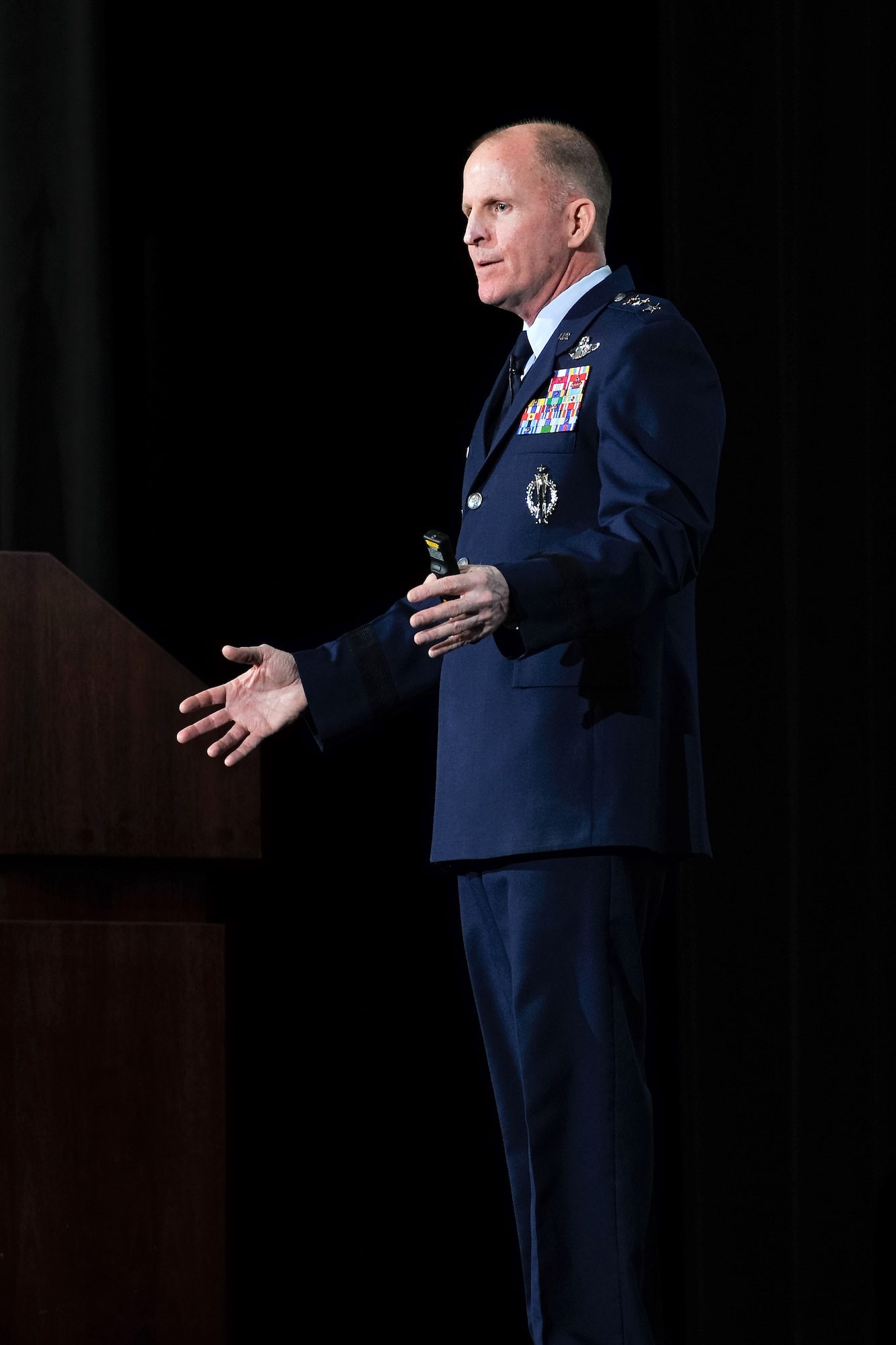 Lt. Gen. Stephen Wilson, the Air Force Global Strike Command commander, speaks Feb. 26, 2015, in Arnold Hall during the 22nd-annual National Character and Leadership Symposium. The general spoke to a crowded house of cadets, encouraging them to become innovative leaders. (U.S. Air Force photo/Elizabeth Copan) 