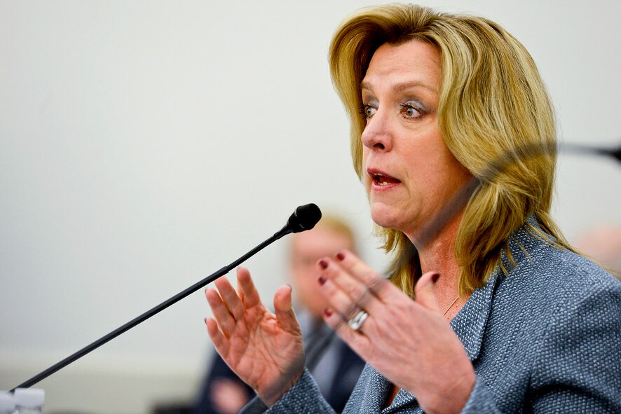 Air Force Secretary Deborah Lee James testifies before the House Appropriations Committee's defense subcommittee in Washington, Feb. 27, 2015. James and Air Force Chief of Staff Gen. Mark A. Welsh III met with the House members to discuss the Air Force's fiscal year 2016 budget request. (U.S. Air Force photo/Scott M. Ash)  
