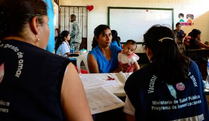 A woman and her child are prescreened by Guatemalan medical technicians during a Medical Readiness Training Exercise in La Blanca, Guatemala, Feb. 26, 2015.  Together JTF-Bravo, the Guatemalan Ministry of Health and members of the Guatemalan military came together to help provide medical care to over 1,200 Guatemalan citizens in need. During the two-day exercise ,the JTF-Bravo team and preventative medicine specialists from the Guatemalan Ministry of Health educated, screened and treated over 1,200 patients. (U.S. Air Force Photo/Tech. Sgt. Heather Redman)