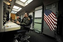 1st Lt. Kris Riedman, 742nd Missile Squadron intercontinental ballistic missile combat crew commander and 2nd Lt. Kameron Kantor, 742nd MS ICBM combat crew deputy, work side-by-side in the launch capsule of the Oscar 1 missile alert facility near Mohall, N.D., Jan. 9, 2015. While stationed in the capsule, Riedman and Kantor respond via phone to top side alarms and also report their status to the crews above ground. (U.S. Air Force photo/Senior Airman Stephanie Morris)