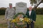 Lt. Gen. Perry Wiggins, commanding general, U.S. Army North (Fifth Army) and senior commander for Fort Sam Houston and Camp Bullis, and United States Air Force retired Col. Stump Sowada (right), Order of Daedalians, Stinsons Flight captain, place the wreath during an annual ceremony held at Joint Base San Antonio-Fort Sam Houston parade grounds March 2. The event was held in recognition of the 105th anniversary of Maj. Gen. Benjamin D. Foulois’ first flight which took place at then Fort Sam Houston. The celebration honored signal corps pilot, Foulois, who made his first take-off, solo flight, landing and first crash after four flights with the “Wright ‘B’ Flyer” aircraft over the Fort Sam Houston parade ground which has since been named the MacArthur Parade Field. (U.S. Air Force photo by Johnny Saldivar)