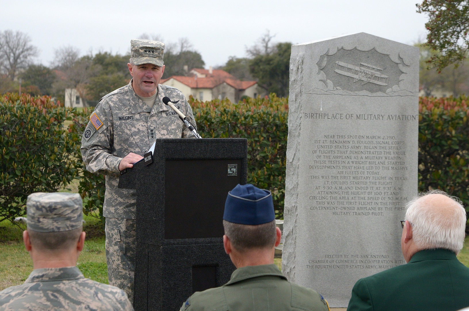 Lt. Gen. Perry Wiggins, commanding general, U.S. Army North (Fifth Army) and senior commander for Fort Sam Houston and Camp Bullis, addresses the crowd during an annual ceremony held at Joint Base San Antonio-Fort Sam Houston parade grounds March 2. The event was held in recognition of the 105th anniversary of Maj. Gen. Benjamin D. Foulois’ first flight which took place at then Fort Sam Houston. The celebration honored signal corps pilot, Foulois, who made his first take-off, solo flight, landing and first crash after four flights with the “Wright ‘B’ Flyer” aircraft over the Fort Sam Houston parade ground which has since been named the MacArthur Parade Field.  (U.S. Air Force photo by Johnny Saldivar)