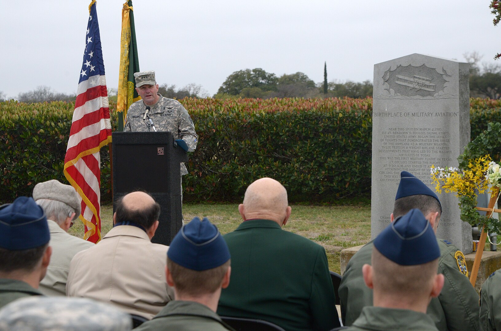 Lt. Gen. Perry Wiggins, commanding general, U.S. Army North (Fifth Army) and senior commander for Fort Sam Houston and Camp Bullis, addresses the crowd during an annual ceremony held at Joint Base San Antonio-Fort Sam Houston parade grounds March 2. The event was held in recognition of the 105th anniversary of Maj. Gen. Benjamin D. Foulois’ first flight which took place at then Fort Sam Houston. The celebration honored signal corps pilot, Foulois, who made his first take-off, solo flight, landing and first crash after four flights with the “Wright ‘B’ Flyer” aircraft over the Fort Sam Houston parade ground which has since been named the MacArthur Parade Field.  (U.S. Air Force photo by Johnny Saldivar)