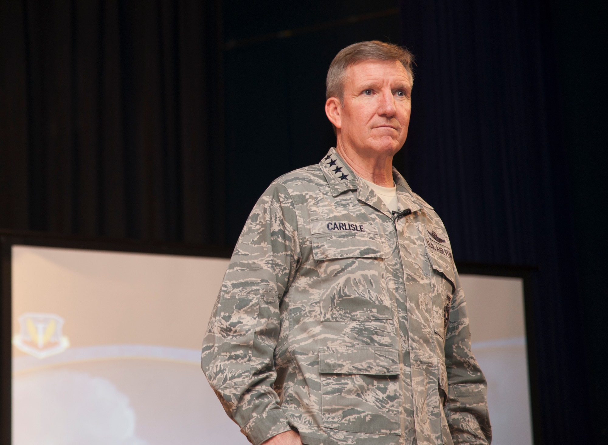 U.S. Air Force Gen. Hawk Carlisle, commander of Air Combat Command, speaks with Airmen during his first all call for the ACC Headquarters staff at Joint Base Langley-Eustis, Va., Feb. 23. Carlisle told the gathered Airmen that he was truly impressed with what he has seen every day and how proud he was to lead them. (U.S. Air Force photo/Staff Sgt. Candice Page)