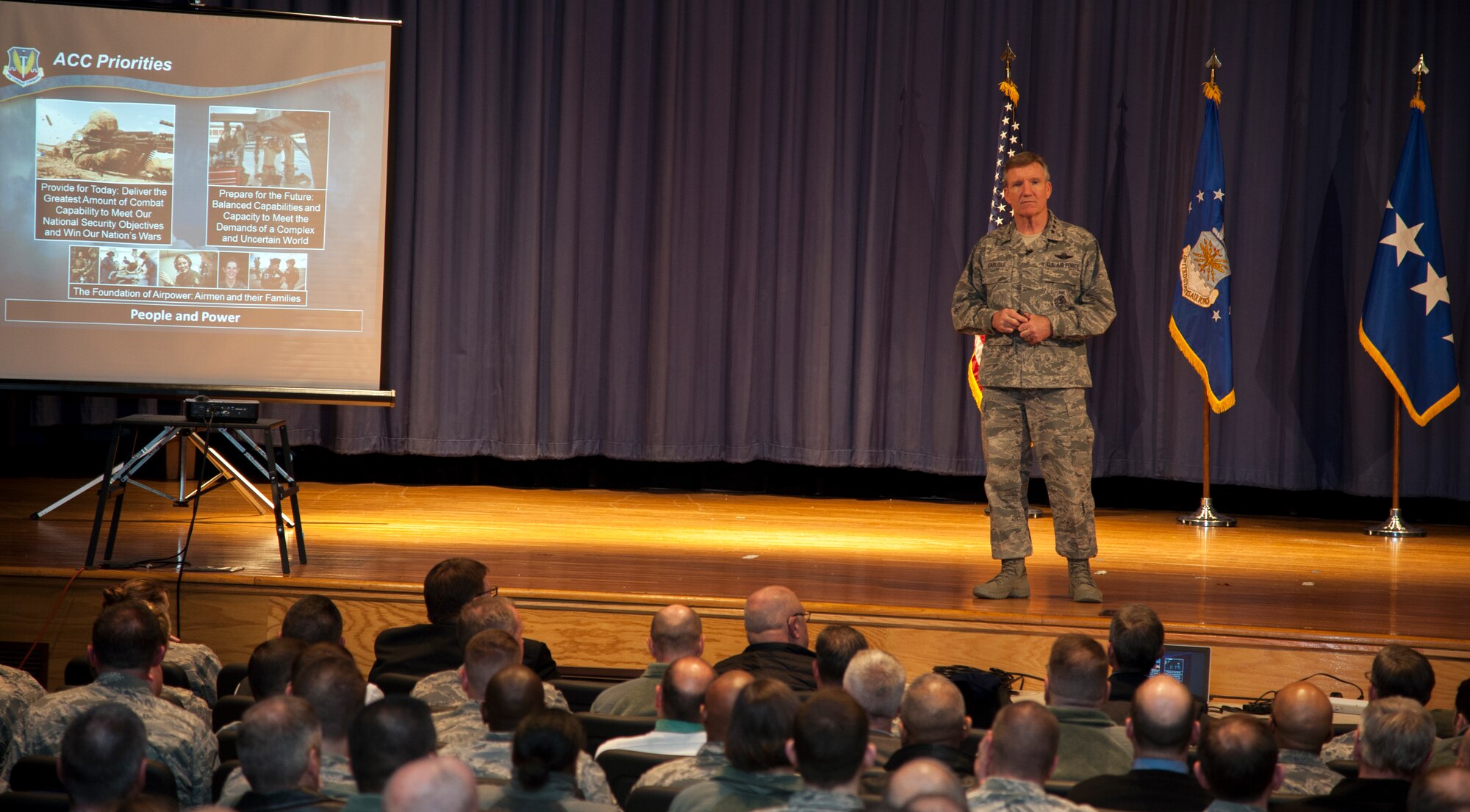 U.S. Air Force Gen. Hawk Carlisle, commander of Air Combat Command, speaks with Airmen during his first all call for the ACC Headquarters staff at Joint Base Langley-Eustis, Va., Feb. 23. During the all call, the commander introduced his new priorities for the command.  (U.S. Air Force photo/Staff Sgt. Candice Page)