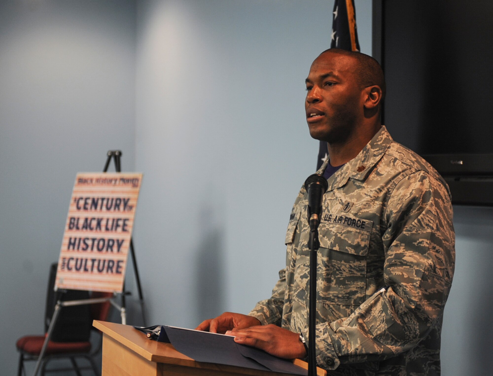 U.S. Air Force Maj. Sherrod Brown, 23d Medical Group bioenvironmental engineering flight commander, speaks during the Black History Month luncheon Feb. 27, 2015, at Moody Air Force Base, Ga. Brown spoke about prominent African-American individuals who made significant contributions in military history. (U.S. Air Force photo by Senior Airman Olivia Bumpers/Released)