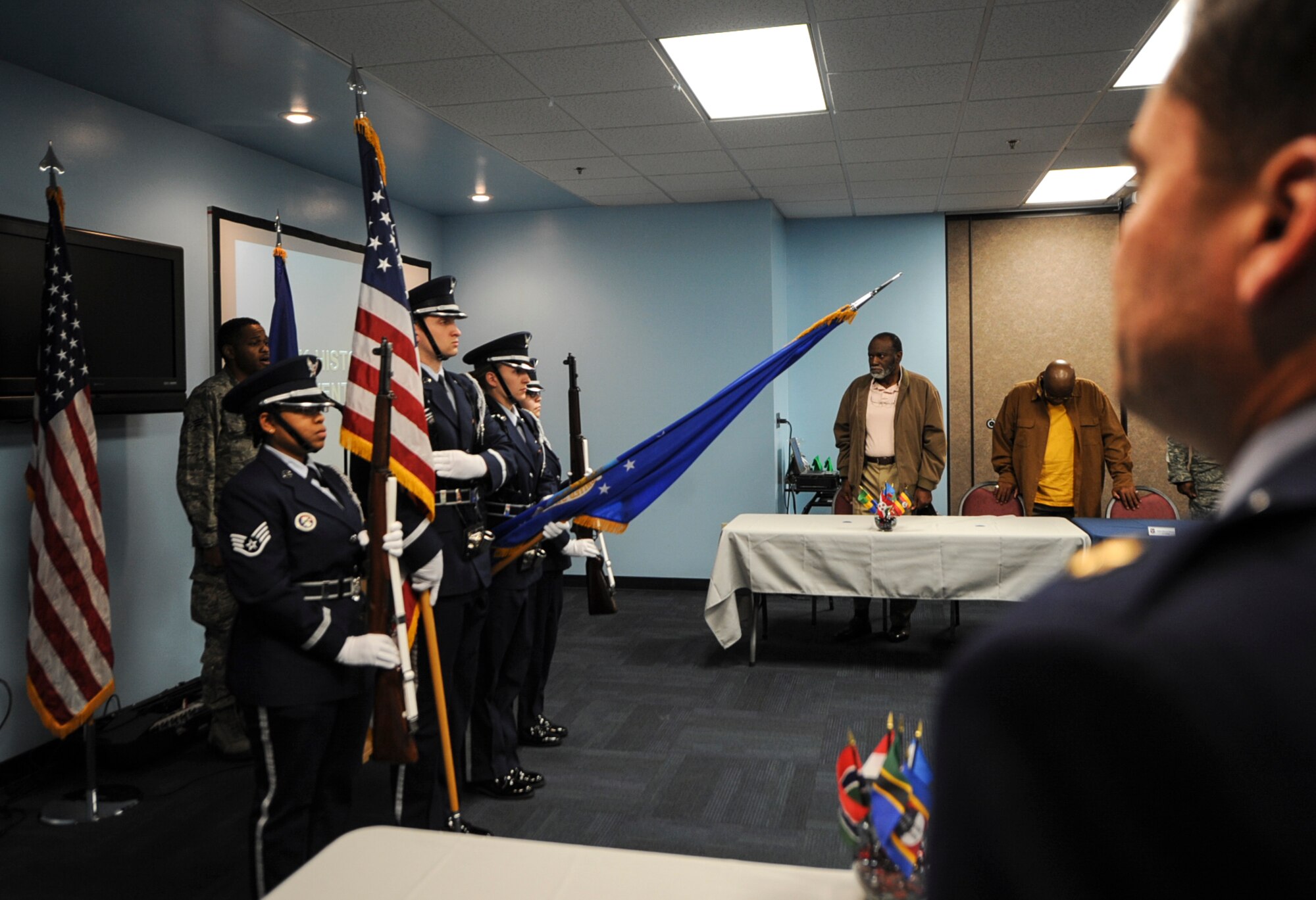 The Moody Air Force Base honor guard presents the colors during the Black History Month luncheon Feb. 27, 2015, Moody AFB, Ga. The annual luncheon was held to honor African-American heritage and how it shaped U.S. history. (U.S. Air Force photo by Senior Airman Olivia Bumpers/Released)