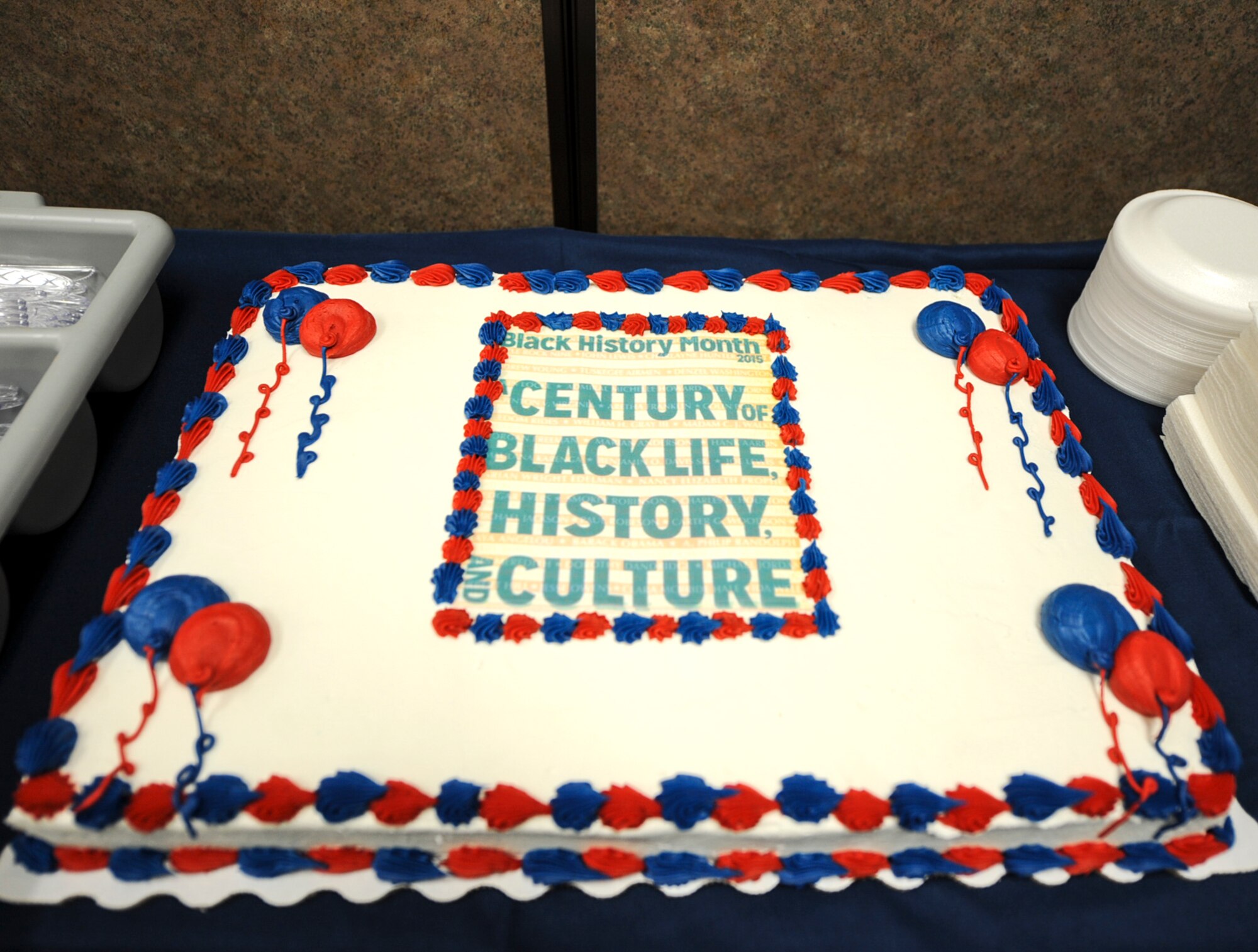 A Black History Month themed cake rests on a table during the Black History Month luncheon Feb. 27, 2015, at Moody Air Force Base, Ga. This year’s theme was “A Century of Black Life, History and Culture.” (U.S. Air Force photo by Senior Airman Olivia Bumpers/Released)