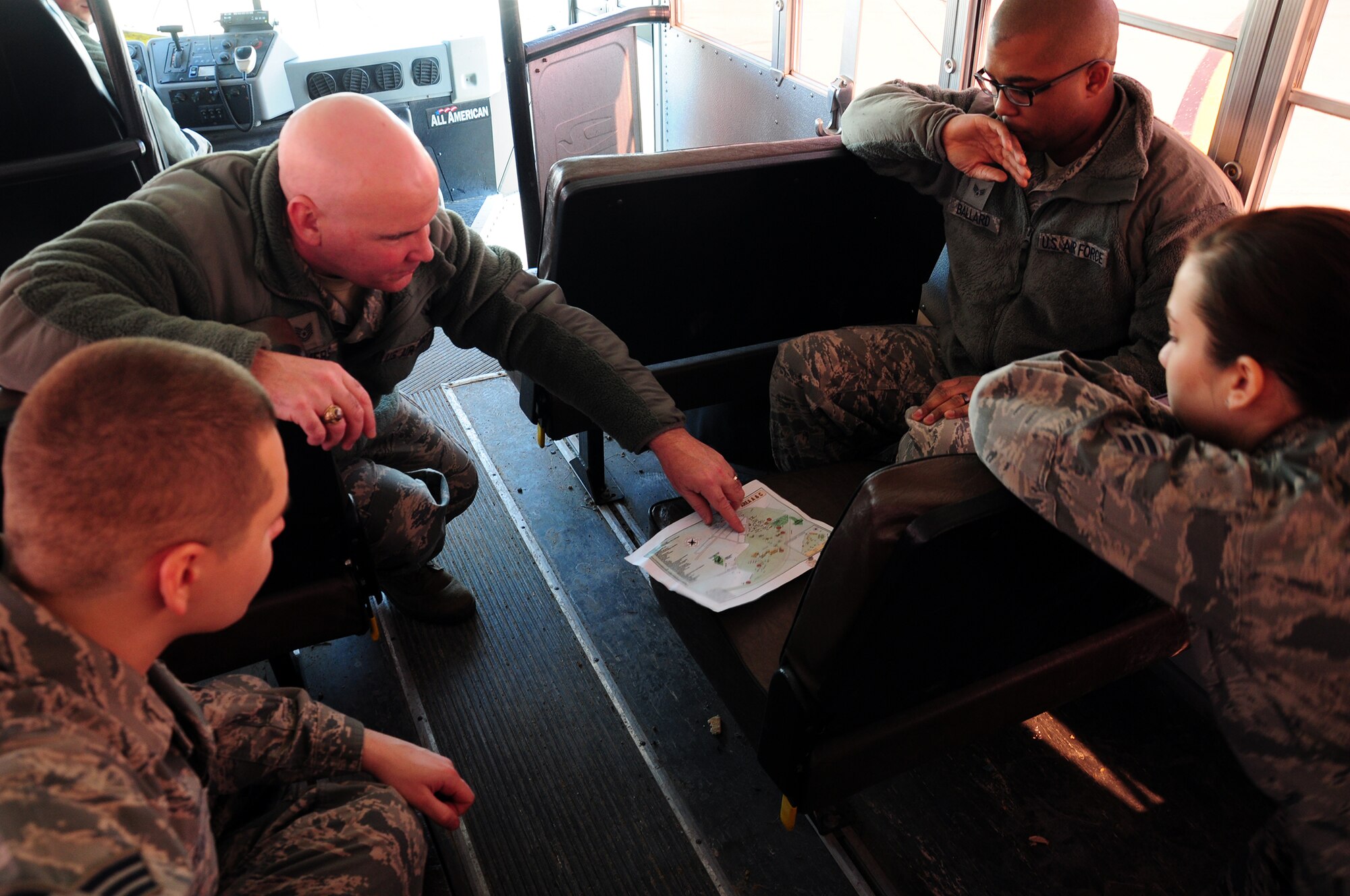 WRIGHT-PATTERSON AIR FORCE BASE, Ohio – Tech. Sgt. Michael Summers, 445th Aeromedical Staging Squadron pharmacy craftsman, conducts an Airfield Driving course to his Airmen on an Ambulance Bus during the Feb. 7, 2015 unit training assembly.  The course better prepares ASTS personnel on how to transport patients to and from the Aircraft on the flightline. (U.S. Air Force photo/Tech. Sgt. Patrick O'Reilly)
