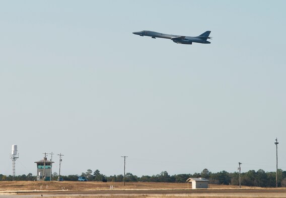 A B-1B Lancer lifts off from the Eglin Air Force Base runway Feb. 20 to return home.  The 53rd Wing bomber from Dyess AFB, Texas was here for a few missions and to allow wing personnel an opportunity to see one of their geographically separated aircraft up close. (U.S. Air Force photo/Samuel King Jr.)