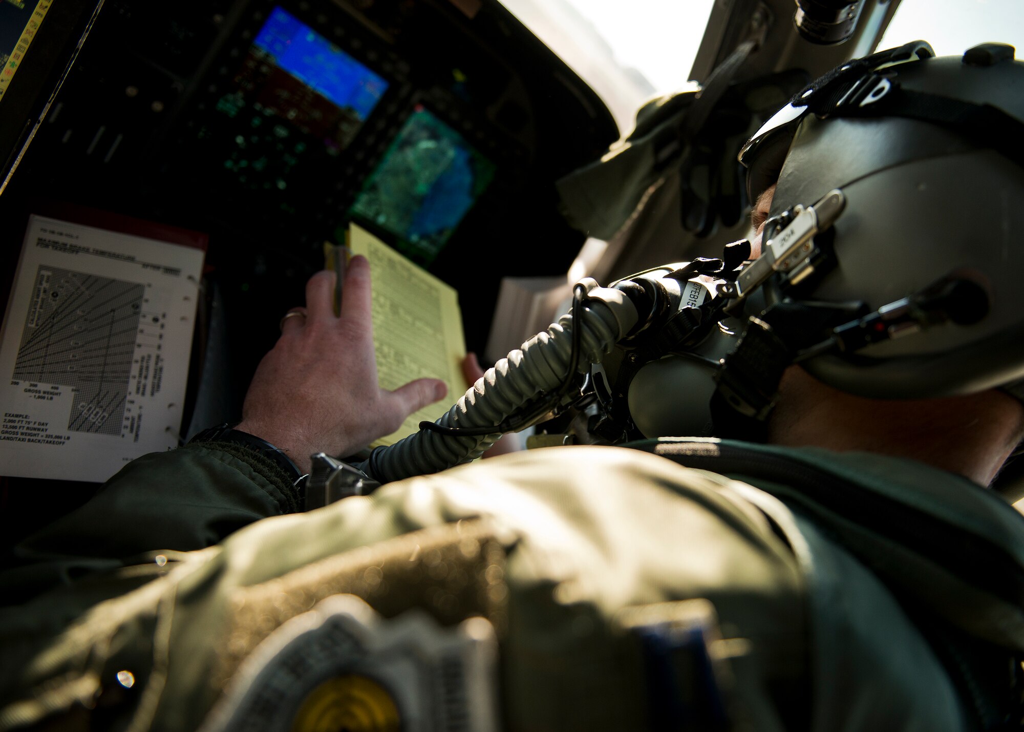 Capt. Curtis Michael, 337th Test and Evaluation Squadron, looks over maps and aircraft checklists prior to departure Feb. 20 at Eglin Air Force Base, Fla.  The 53rd Wing bomber from Dyess AFB, Texas was here for a few missions and to allow wing personnel an opportunity to see one of their geographically separated aircraft up close. (U.S. Air Force photo/Samuel King Jr.)