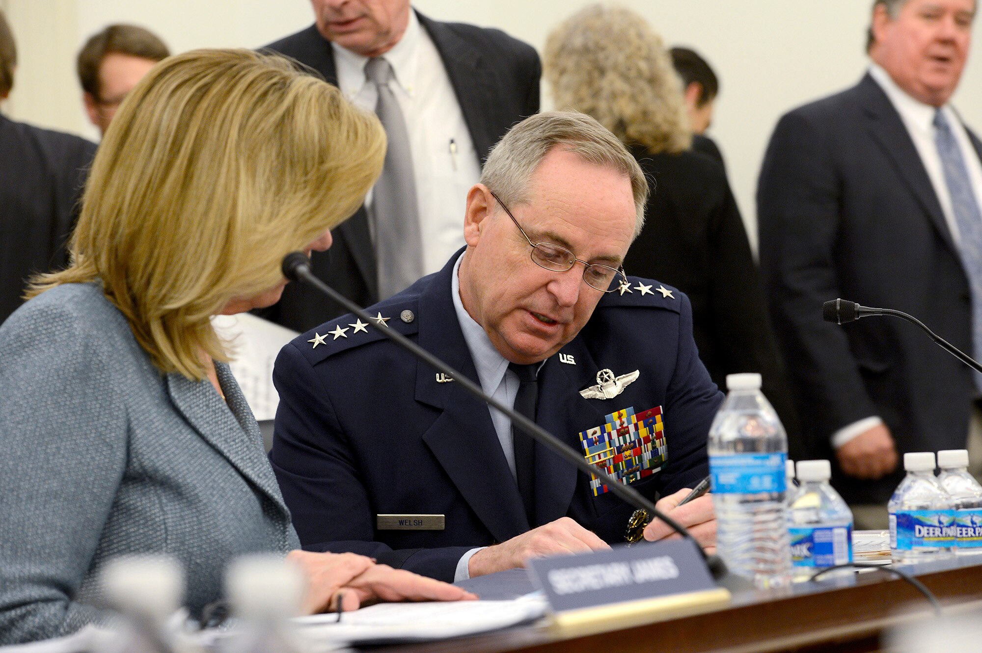 Secretary of the Air Force Deborah Lee James and Air Force Chief of Staff Gen. Mark A. Welsh III testify before the House of Representatives Committee on Appropriations’ Defense Subcommittee, Feb. 27, 2015, in Washington. D.C. The two leaders met with the House members to discuss the Air Force's Fiscal Year 2016 President's Budget Request. (U.S. Air Force photo/Scott M. Ash)
