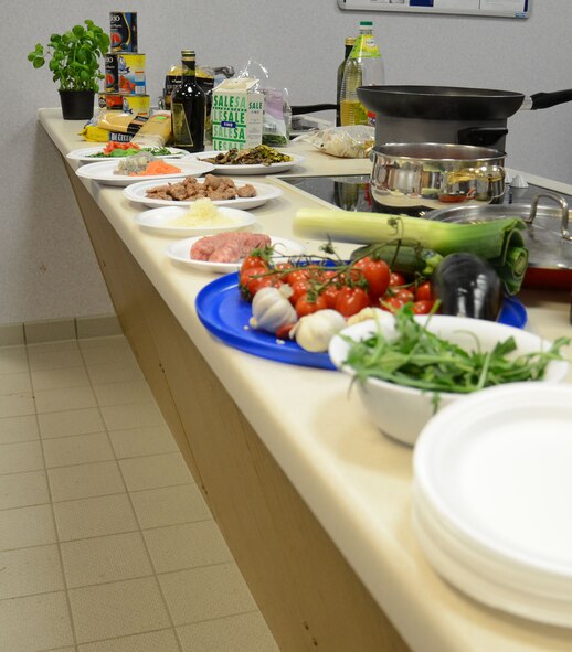 Ingredients are ready for use during an Italian cooking demonstration Feb. 26, 2015, in the Hardstand Fitness Center on RAF Mildenhall, England. The food was used as part of a free monthly class on healthy cooking that is hosted by the 100th Force Support Squadron. (U.S. Air Force photo by Gina Randall/Released)