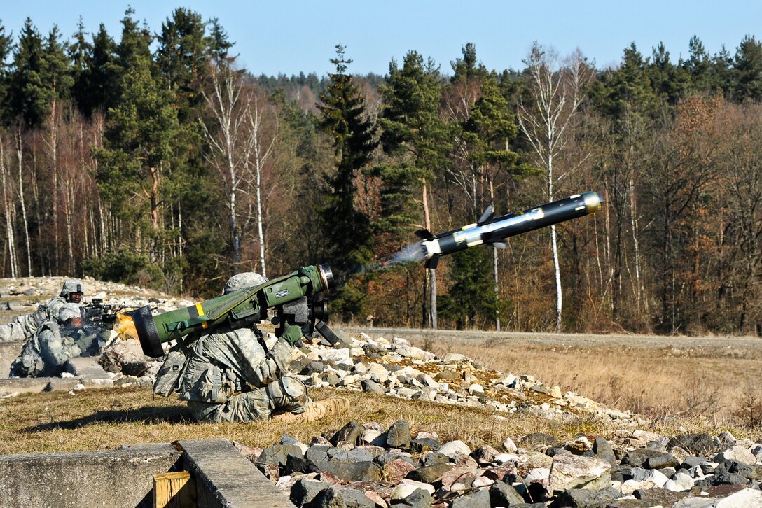 A U.S. soldier fires an FGM-148 Javelin rocket during a live-fire exercise on the Grafenwoehr Training Area in Germany, Feb. 27, 2015.