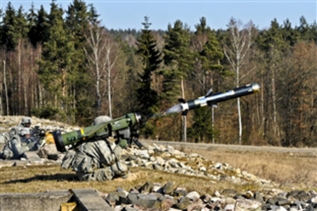 A U.S. soldier fires a FGM-148 Javelin rocket during a live-fire exercise on the Grafenwoehr Training Area in Germany, Feb. 27, 2015. The soldiers are assigned to 4th Squadron, 2nd Cavalry Regiment. 