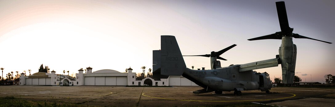 Night falls over a U.S. Marine Corps MV-22B Osprey from Special-Purpose Marine Air-Ground Task Force Crisis Response-Africa before a combined U.S. and Spanish night training exercise near Morón Air Base, Spain, Feb. 24, 2015. Pilots from the NATO nations completed a series of night landings to hone their capacity to operate as a cohesive team under the cover of darkness.  (U.S. Marine Corps photo by Sgt. Paul Peterson/Released)