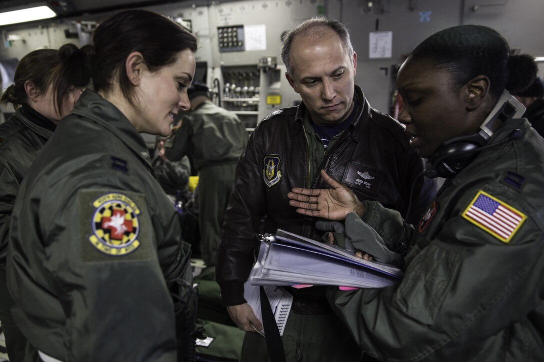 Lt. Col. Derek Bishop reviews the day’s aeromedical plan with Capt. Katie Pittinger and Capt. Elizabeth Kotey prior to taking flight Feb. 21, 2015 during a training mission in San Juan, Puerto Rico. The training mission was part of a three day fly-away with Airmen from the 315th Airlift Wing at Joint Base Charleston, South Carolina and aeromedical Airmen from the 459th Air Refueling Wing at Joint Base Andrews, Maryland. The training mission was a cost-effective means to accomplish currency items and evaluations for flight crew members and provided C-17 familiarization and proficiency training for aeromedical Airmen. Bishop is the 315th AW safety chief and aircraft commander for the mission, and Pittinger and Kotey are both flight nurses with the 459th Aeromedical Evacuation Squadron (U.S. Air Force Photo/Tech. Sgt. Shane Ellis)
