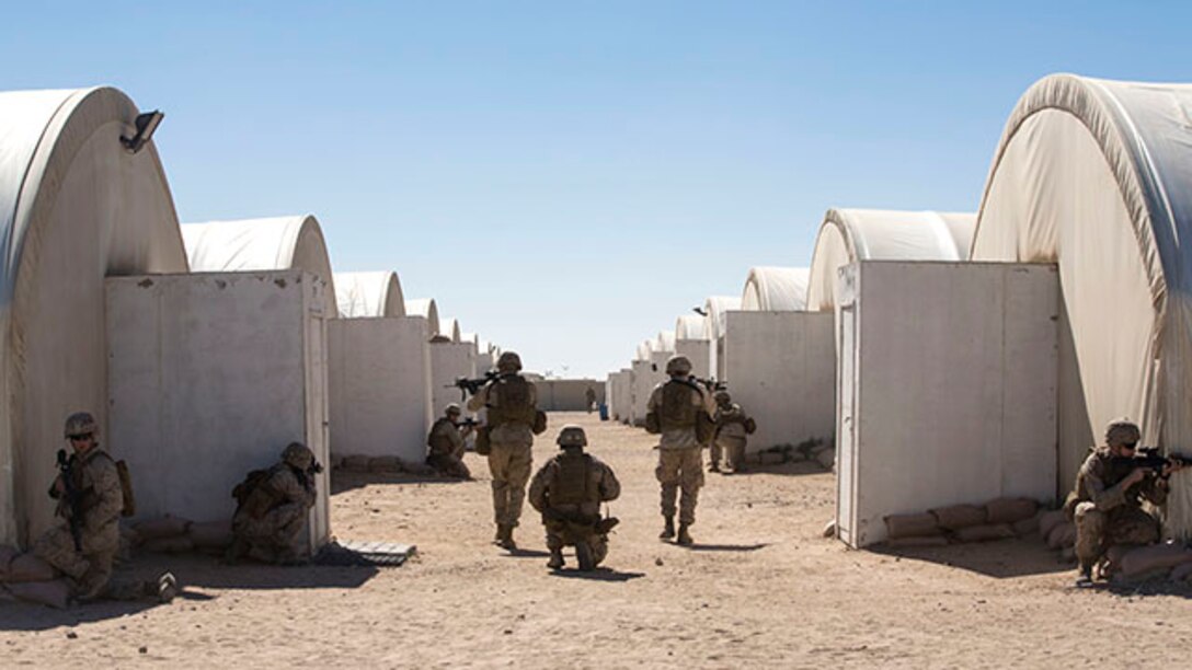 Marines with Combined Anti-Armor Team 1, Battalion Landing Team 3rd Battalion, 6th Marine Regiment, 24th Marine Expeditionary Unit, conduct a training patrol at Camp Buehring, Kuwait, Feb. 2, 2015. A contingent of 24th MEU Marines is conducting scheduled sustainment training in Kuwait. The 24th MEU is embarked on the ships of the Iwo Jima Amphibious Ready Group and deployed to maintain regional security in the U.S. 5th Fleet area of operations.
