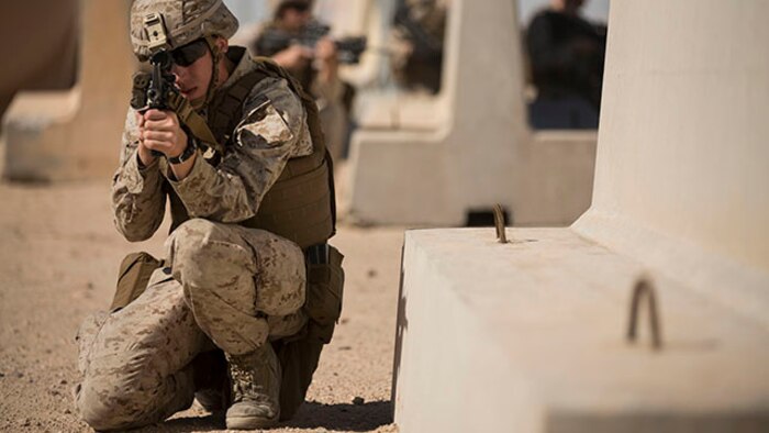 Pfc. Jacob Chapman, an anti-tank  missileman with Combined Anti-Armor Team 1, Battalion Landing Team 3rd Battalion, 6th Marine Regiment, 24th Marine Expeditionary Unit, provides security during a training patrol at Camp Buehring, Kuwait, Feb. 2, 2015. A contingent of 24th MEU Marines is conducting scheduled sustainment training in Kuwait. The 24th MEU is embarked on the ships of the Iwo Jima Amphibious Ready Group and deployed to maintain regional security in the U.S. 5th Fleet area of operations.