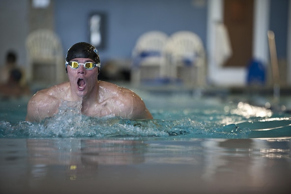 Timothy Babb takes a breath during a swimming practice session Feb. 27, 2015, at Nellis Air Force Base, Nev. The Air Force Trials are an adaptive sports event designed to promote the mental and physical well-being of seriously ill and injured military members and veterans. (U.S. Air Force photo/Staff Sgt. Siuta B. Ika)