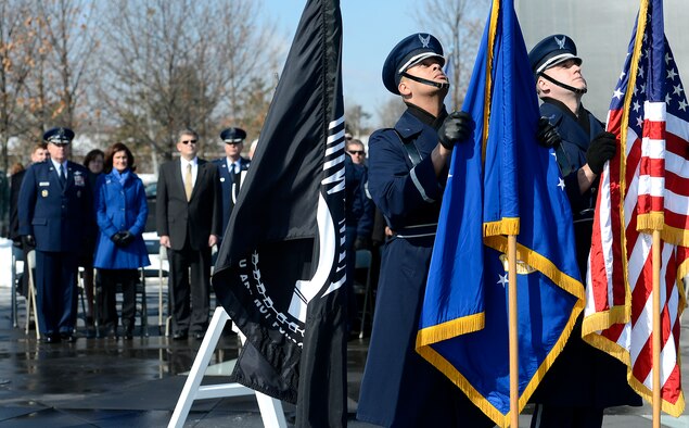 The U.S. Air Force Honor Guard posts the colors during a wreath laying ceremony March 2, 2015, hosted by Air Force Chief of Staff Gen. Mark A. Welsh III, honoring Air Force Vietnam prisoners of war and missing in action at the Air Force Memorial in Arlington, Va., March 2, 2015. (U.S. Air Force photo/Scott M. Ash)