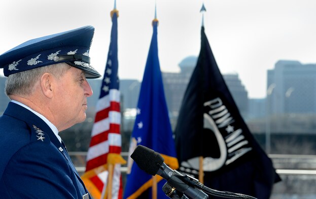 Air Force Chief of Staff Gen. Mark A. Welsh III delivers his remarks during a wreath laying ceremony March 2, 2015, honoring Air Force Vietnam prisoners of war and missing in action at the Air Force Memorial in Arlington, Va.  (U.S. Air Force photo/Scott M. Ash)