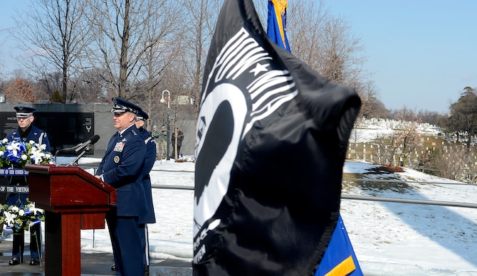 Air Force Chief of Staff Gen. Mark A. Welsh III delivers his remarks during a wreath laying ceremony March 2, 2015, honoring Air Force Vietnam prisoners of war and missing in action at the Air Force Memorial in Arlington, Va.  (U.S. Air Force photo/Scott M. Ash)