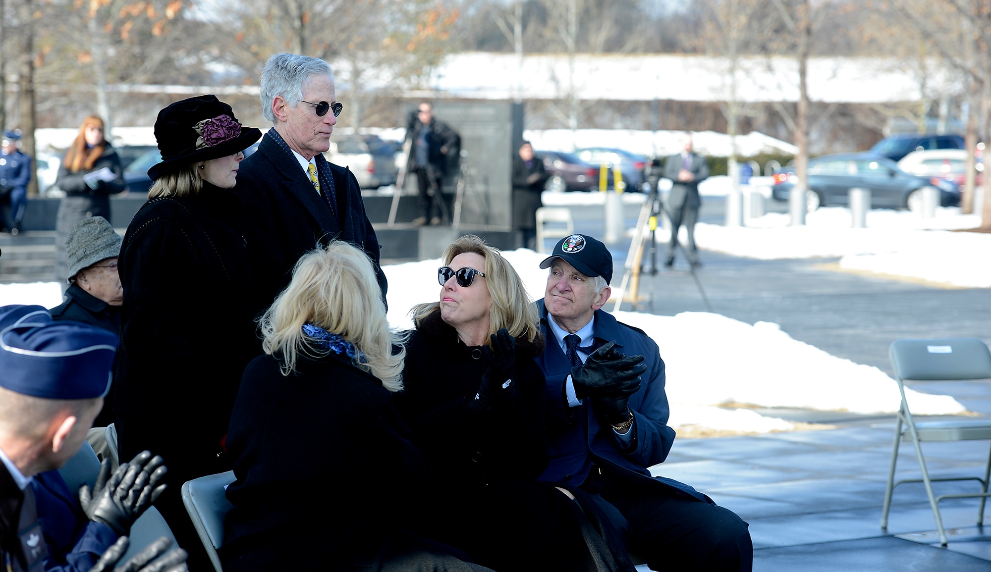 Secretary of the Air Force Deborah Lee James (seated bottom right) thanks Bob Brudno and his wife, Sheila, during a wreath laying ceremony March 2, 2015, hosted by Air Force Chief of Staff Gen. Mark A. Welsh III, honoring Air Force Vietnam prisoners of war and missing in action at the Air Force Memorial in Arlington, Va.  Bob Brudno's brother, Capt. Alan Brudno, was a Vietnam POW. (U.S. Air Force photo/Scott M. Ash)