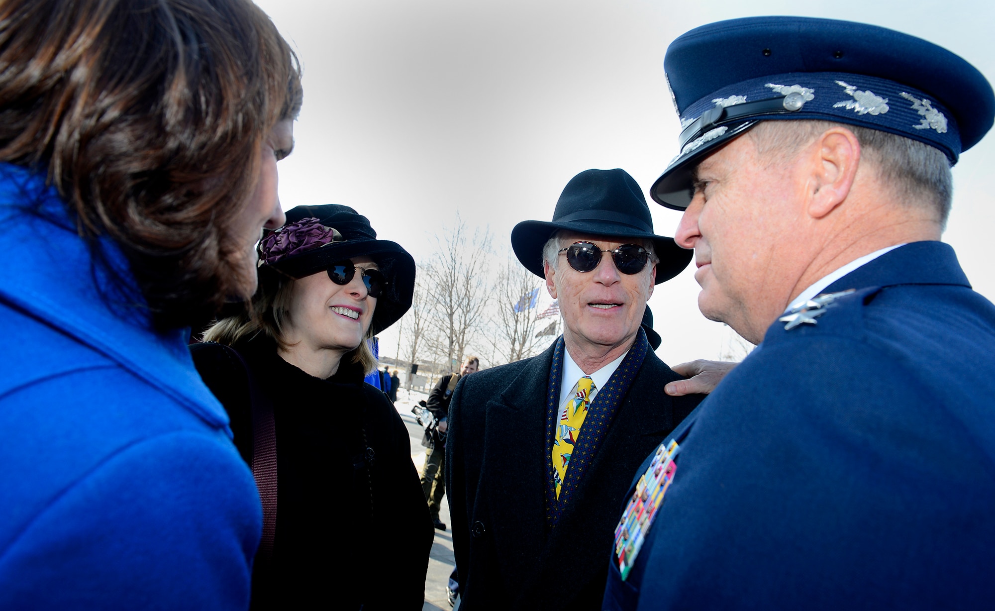Air Force Chief of Staff Gen. Mark A. Welsh III and his wife, Betty, speak with Bob and Sheila Brudno following a wreath laying ceremony March 2, 2015, at the Air Force Memorial in Arlington, Va. The ceremony honored Air Force Vietnam prisoners of war and missing in action. Bob's brother Capt. Alan Brudno, was a Vietnam POW. (U.S. Air Force photo/Scott M. Ash)