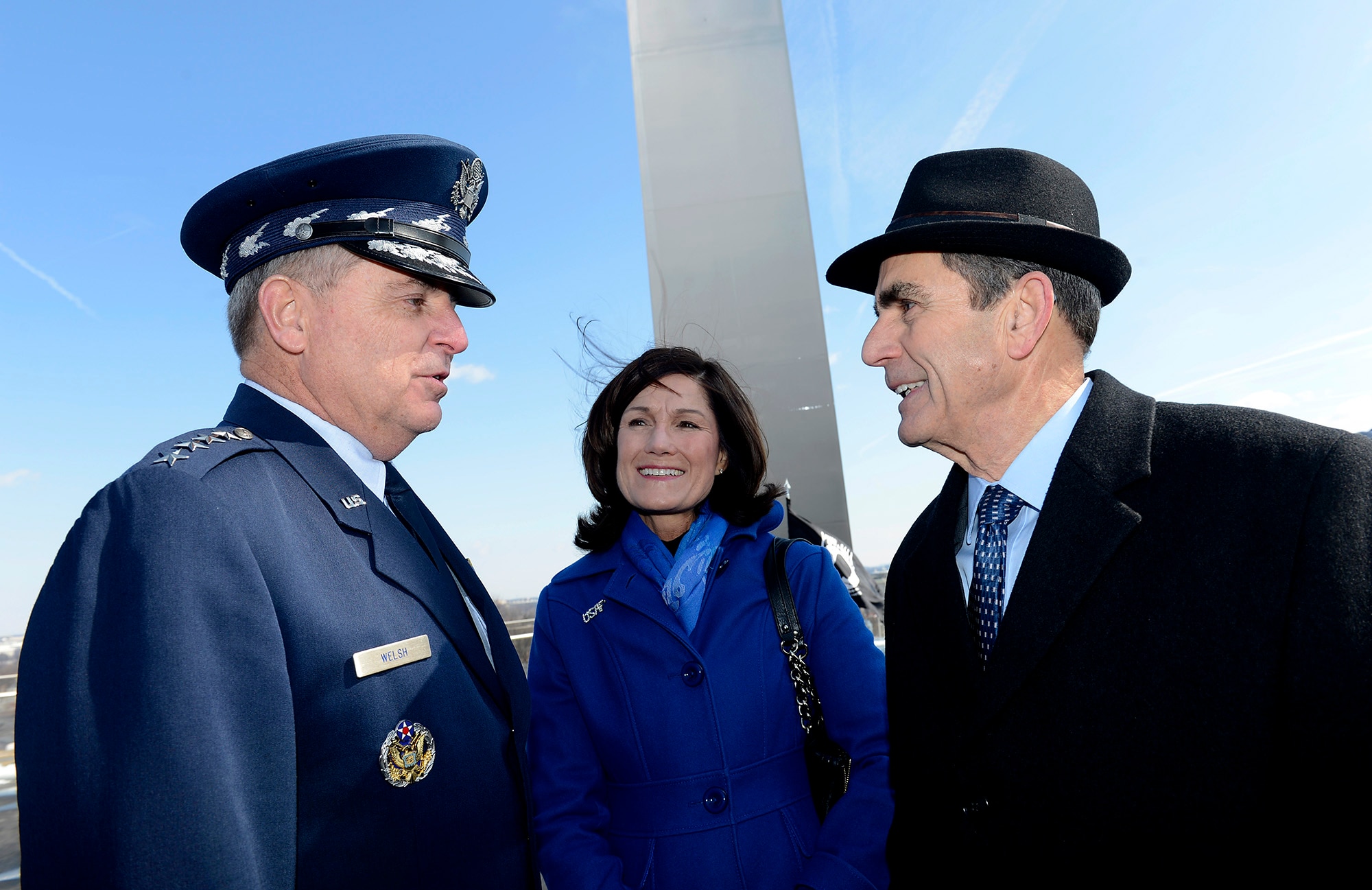 Air Force Chief of Staff Gen. Mark A. Welsh III and his wife, Betty, speak with retired Col. Leon F. "Lee" Ellis, a former Air Force prisoner of war, following a wreath laying ceremony March 2, 2015, at the Air Force Memorial in Arlington, Va. The ceremony honored Air Force Vietnam POWs and missing in action. (U.S. Air Force photo/Scott M. Ash)