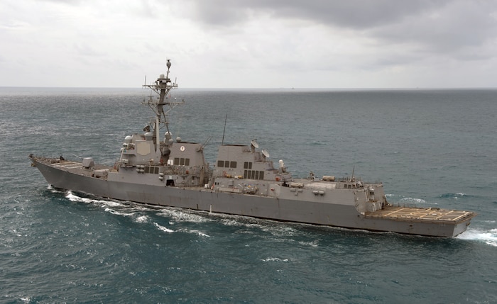 In this file photo, the guided missile destroyer USS Sampson (DDG 102), operates in the Java Sea while supporting the Indonesian-led search effort for AirAsia flight QZ8501. 