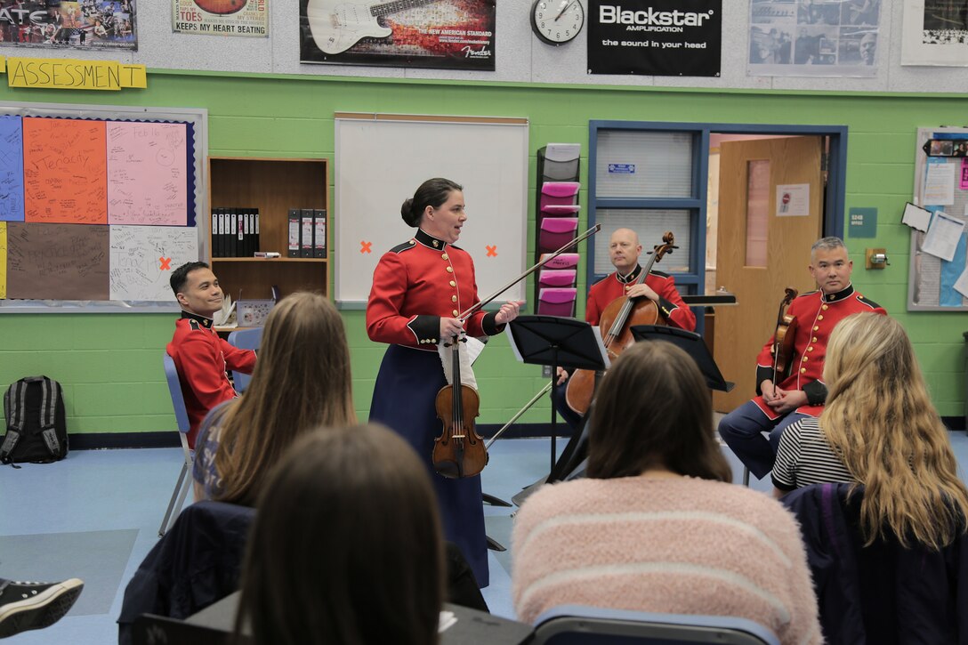 On March 3, 2015, a string quartet from "The President's Own"  performed a Music in the High Schools program for orchestra students at West Potomac High School in Alexandria, Va. (U.S. Marine Corps photo by Master Sgt. Kristin duBois/released)