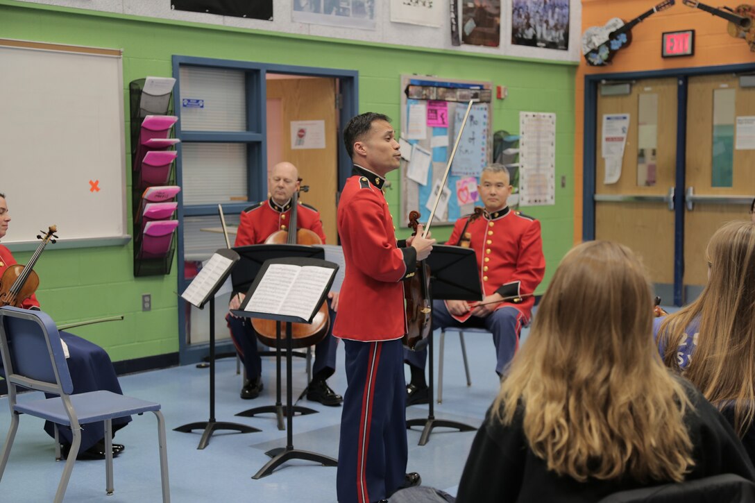 On March 3, 2015, a string quartet from "The President's Own" performed a Music in the High Schools program for orchestra students at West Potomac High School in Alexandria, Va. (U.S. Marine Corps photo by Master Sgt. Kristin duBois/released)