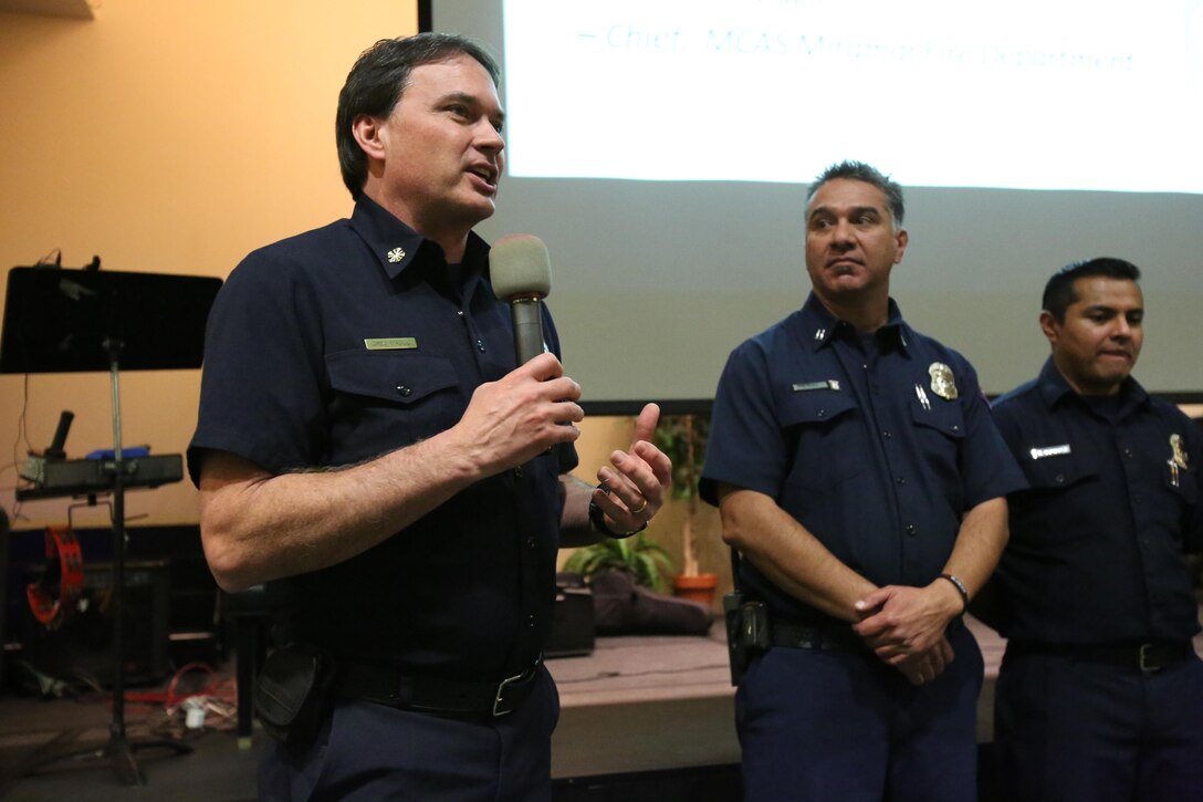 Greg Magill, chief with Miramar Fire Department, makes a speech during the 2015 Scripps Ranch Civic Association Recognition Night at Scripps Ranch Library in San Diego, March 2. Last May, the fire department assisted the San Diego Fire Department with a fire that broke out in the Scripps Ranch area.