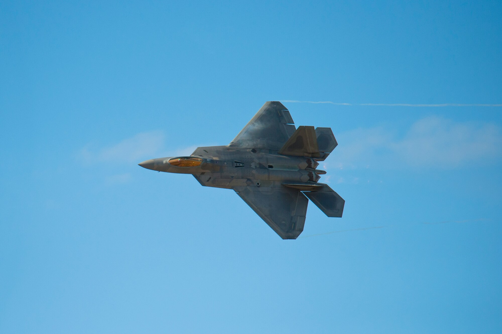 An F-22 Raptor flies during the 2015 Heritage Flight Training and Certification Course at Davis-Monthan Air Force Base, Ariz., March 1, 2015.  The annual aerial demonstration training event has been held at D-M since 2001, providing civilian and military pilots the opportunity to practice flying in formation for the upcoming air show season.  (U.S. Air Force photo by Airman 1st Class Chris Massey/Released)