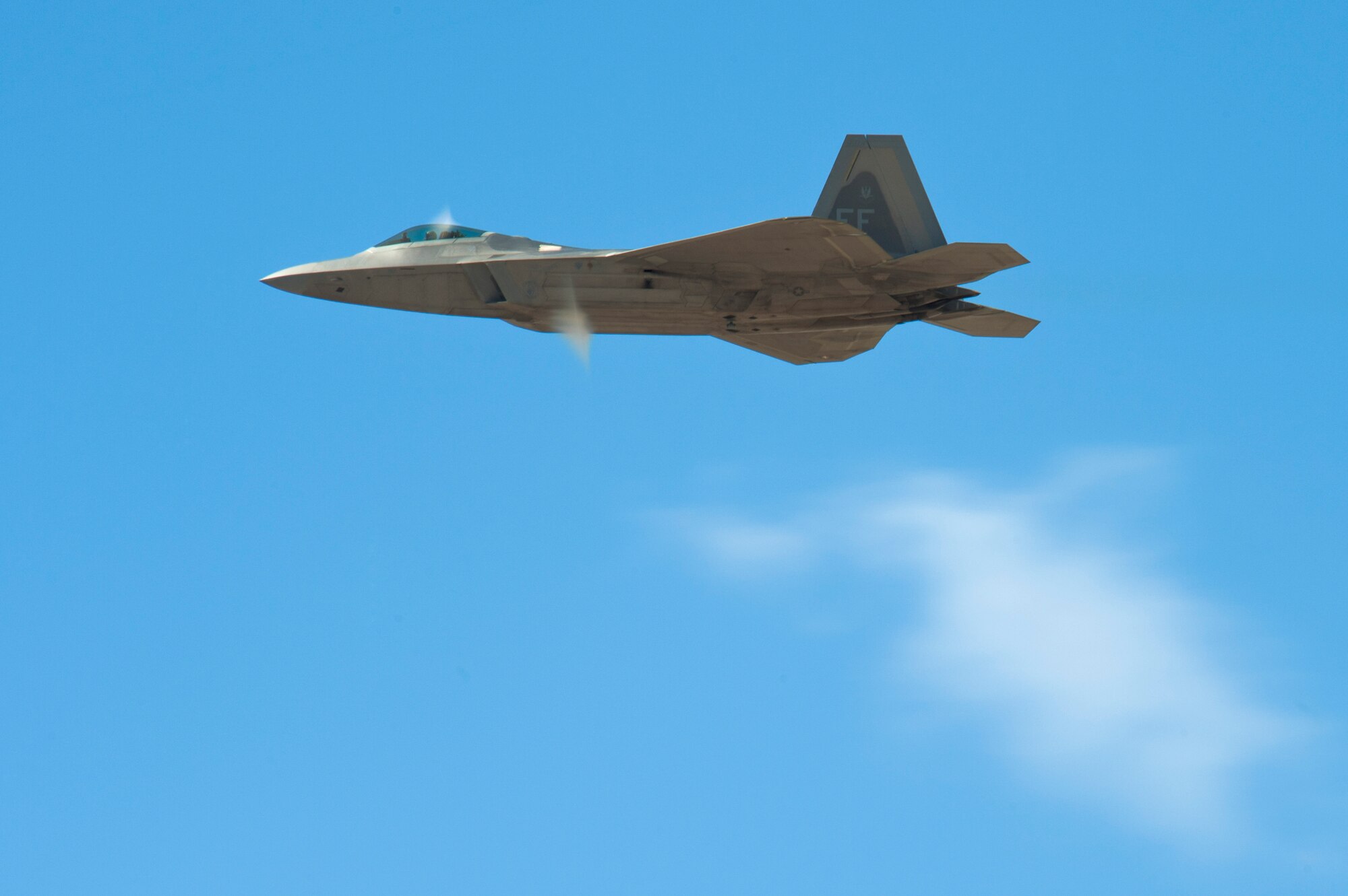 An F-22 Raptor flies during the 2015 Heritage Flight Training and Certification Course at Davis-Monthan Air Force Base, Ariz., March 1, 2015.  Established in 1997, the HFTCC featured aerial demonstrations from historical and modern fighter aircraft which will fly in formation together during air shows across the country. (U.S. Air Force photo by Airman 1st Class Chris Massey/Released)