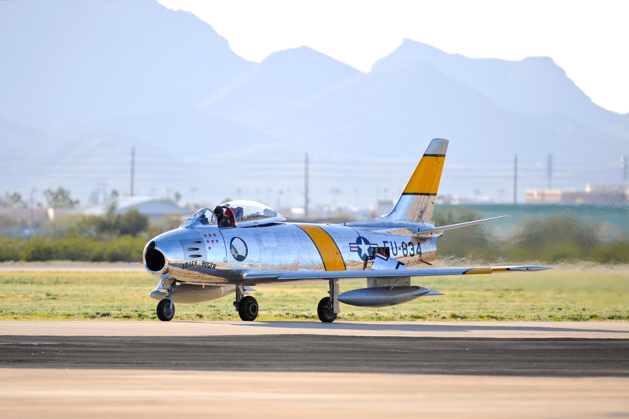 An F-86 Sabre taxies on the flightline during the 2015 Heritage Flight Training and Certification Course at Davis-Monthan Air Force Base, Ariz., Feb. 27, 2015.  During the course, aircrews practiced ground and flight training to enable civilian pilots of historic military aircraft and U.S. Air Force pilots of current fighter aircraft to fly safely in formations together. (U.S. Air Force photo by Airman 1st Class Chris Massey/Released)