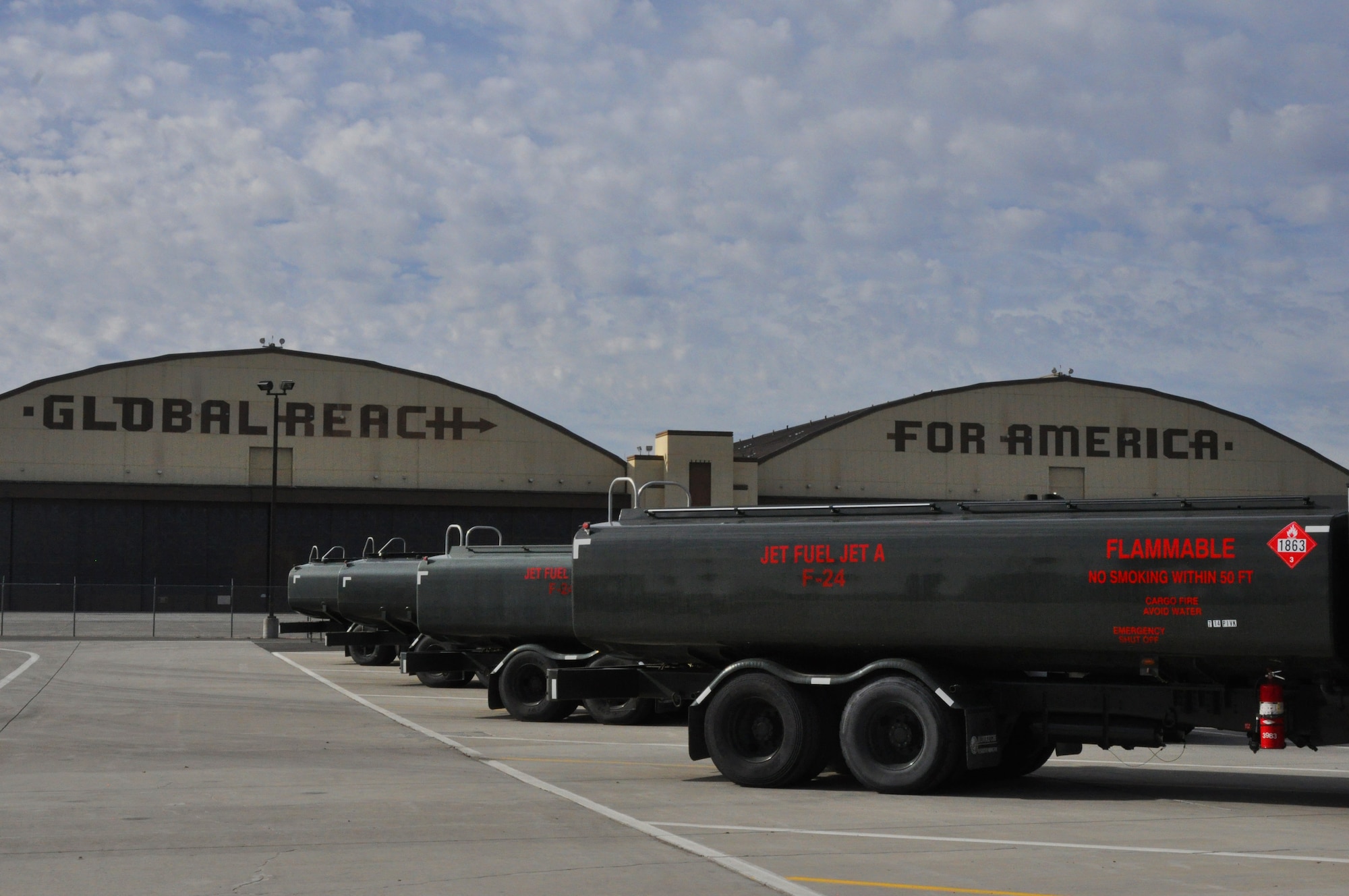 A fleet of R-11 fuel trucks is parked in the 92nd Logistics Readiness Squadron vehicle yard Feb. 18, 2015, at Fairchild Air Force Base, Wash. The “Global reach for America” theme of the 92nd and 141st Air Refueling Wings is supported by many functions, one of the primaries being the Petroleum, Oil and Lubricants flight responsible for filling KC-135 Stratotankers with fuel both for use and refueling other planes. (U.S. Air Force photo/Capt. David Liapis)