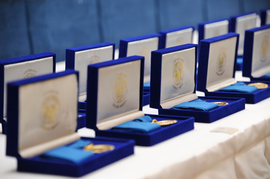 The Louisiana Veterans Honor Medal sits on display during the World War II luncheon on Barksdale Air Force Base, La., Feb. 27, 2015. Twenty nine WWII veterans received the medal during the event. (U.S. Air Force photo/ Senior Airman Jannelle Dickey)