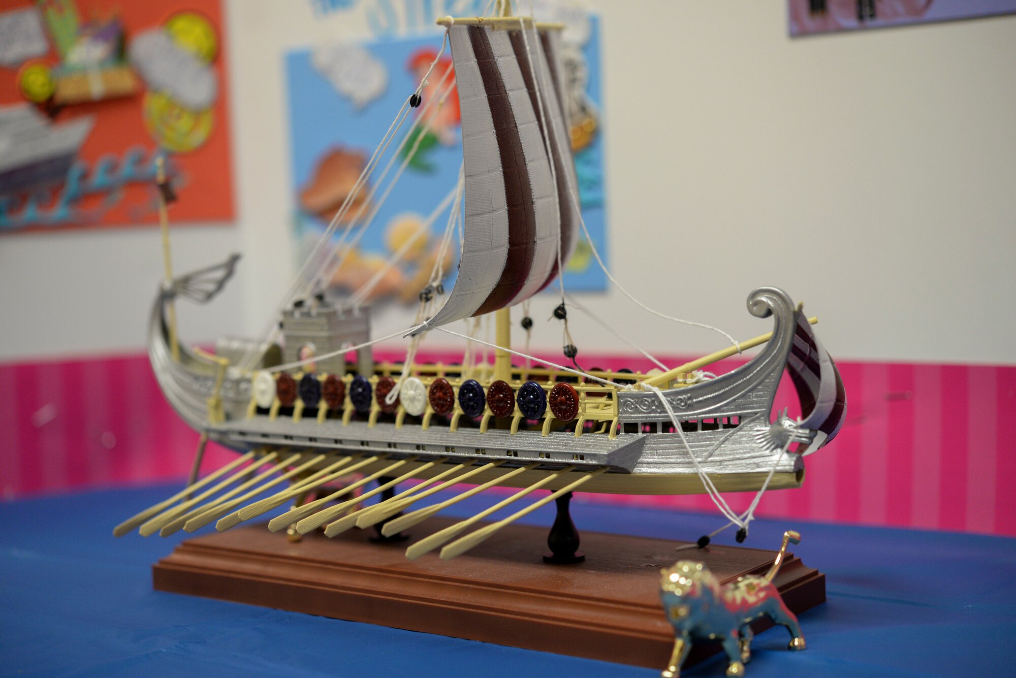 A model of a ship from the ancient Greek epic poem The Odyssey sits on display during the Literacy Fair Feb. 26, 2015 at Moody Air Force Base, Ga. Students from Georgia Military College’s World Literature Class made book-themed displays for the fair. (U.S. Air Force photo by Senior Airman Sandra Marrero/Released)
